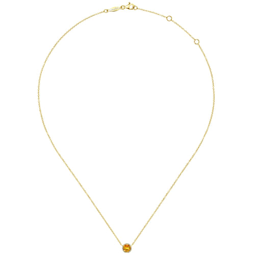 14K Yellow Gold Round Citrine and Diamond Halo Pendant Necklace