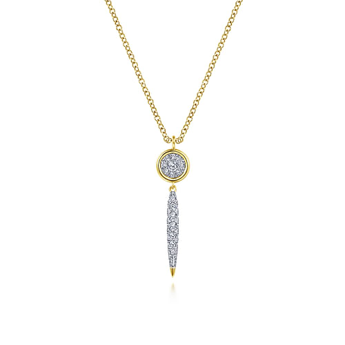 14K Yellow Gold Round Cluster Diamond and Spike Drop Pendant Necklace