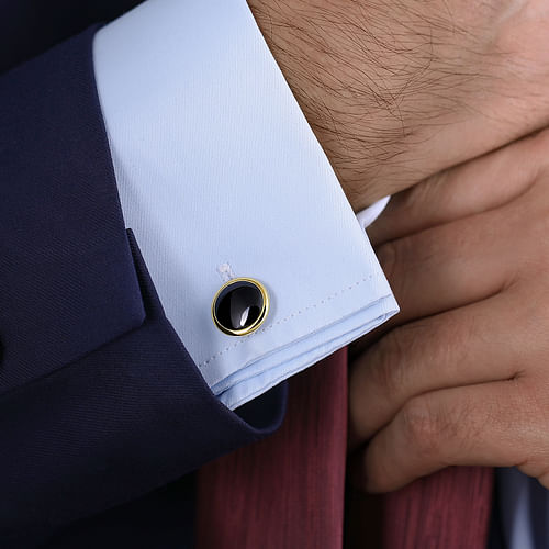 14K Yellow Gold Round Cufflinks with Black Onyx Stones