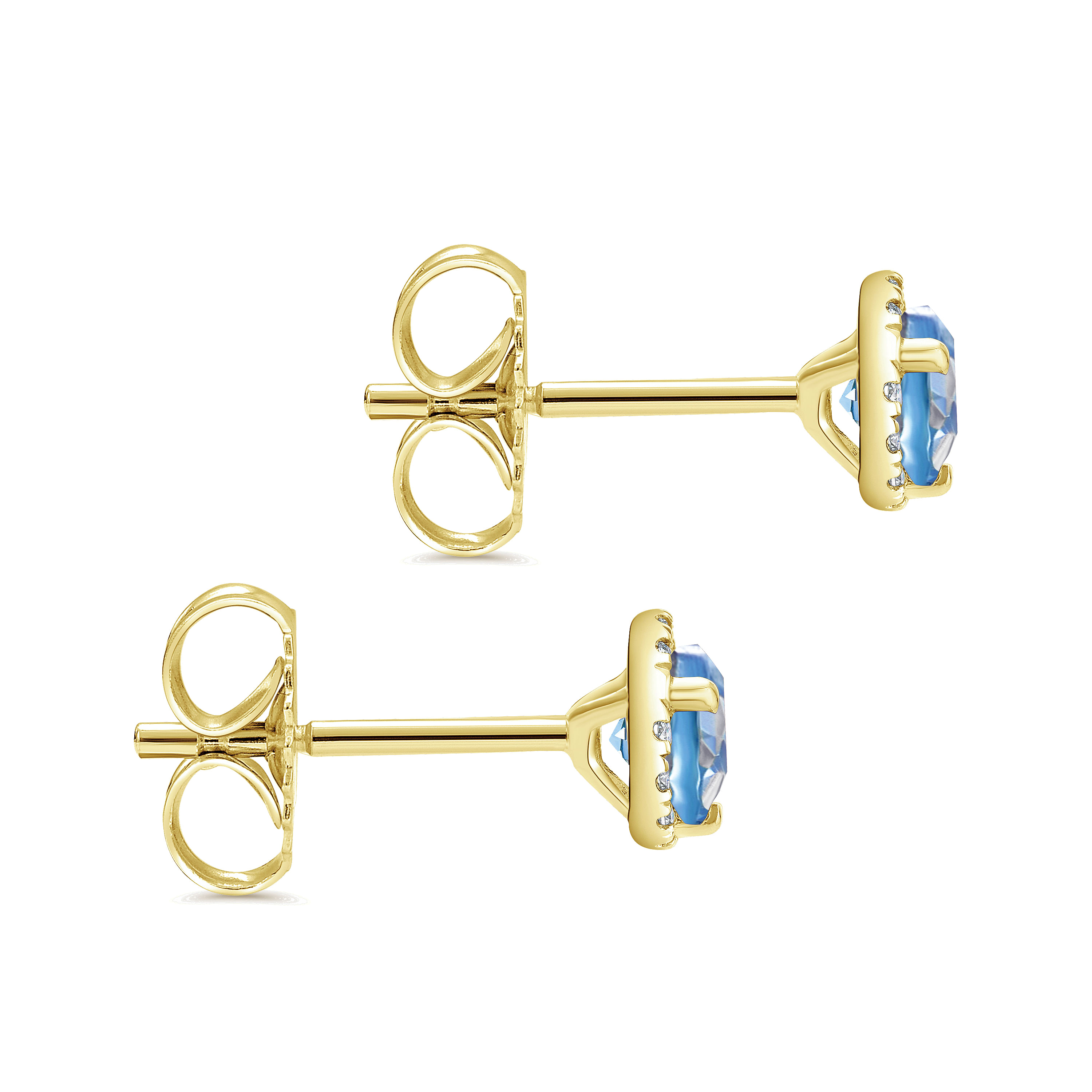 14K Yellow Gold Round Cut Diamond Halo & Swiss Blue Topaz Stud Earrings