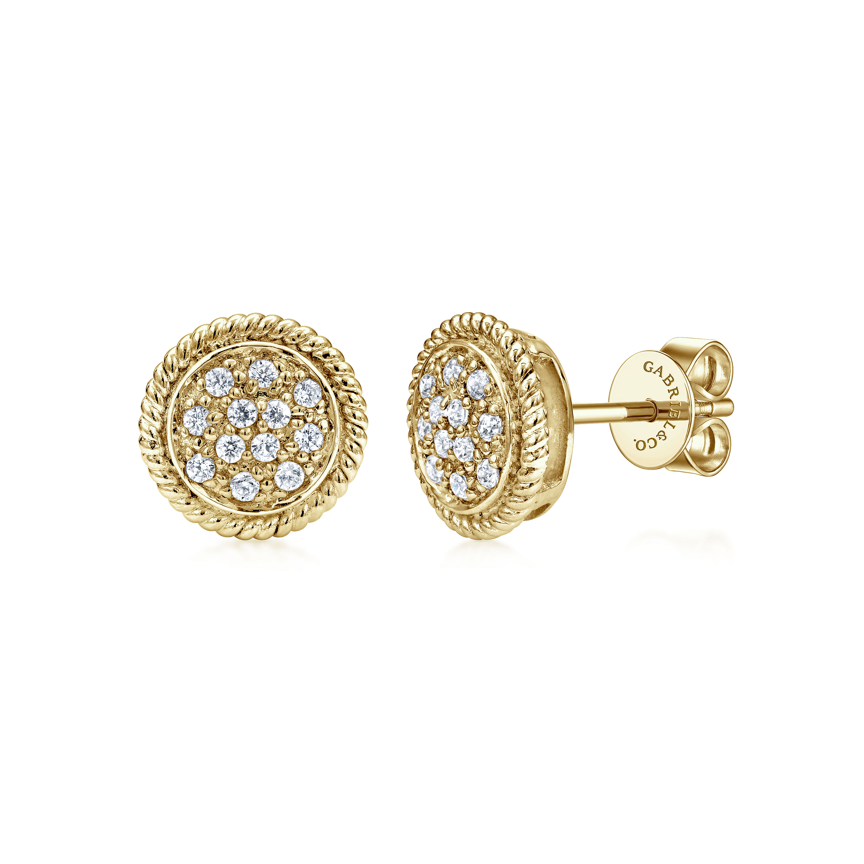 14K Yellow Gold Round Diamond Cluster Stud Earrings With Twisted Rope Frame
