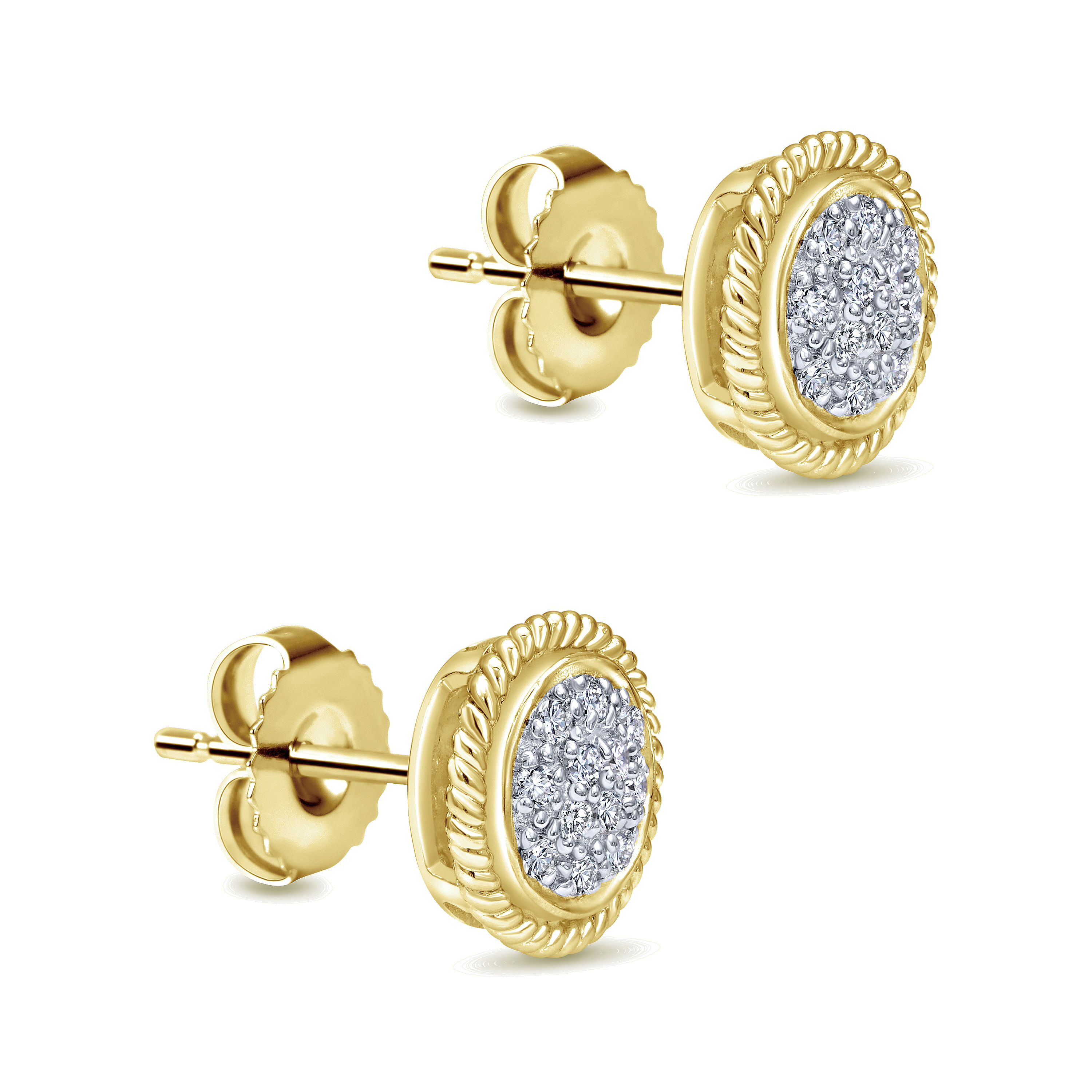 14K Yellow Gold Round Diamond Cluster Stud Earrings With Twisted Rope Frame