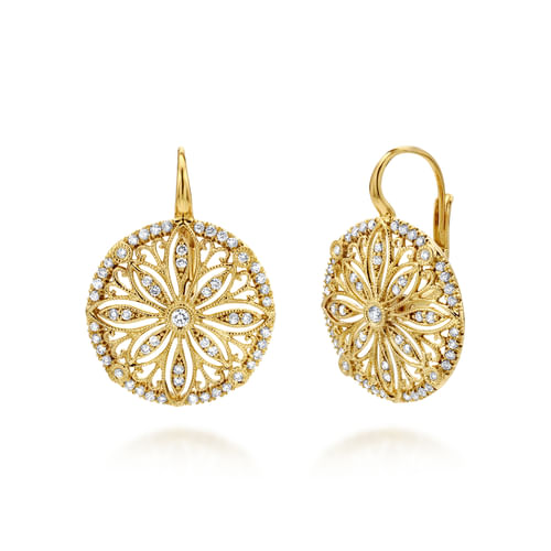 14K Yellow Gold Round Diamond Disc Flower Drop Earrings