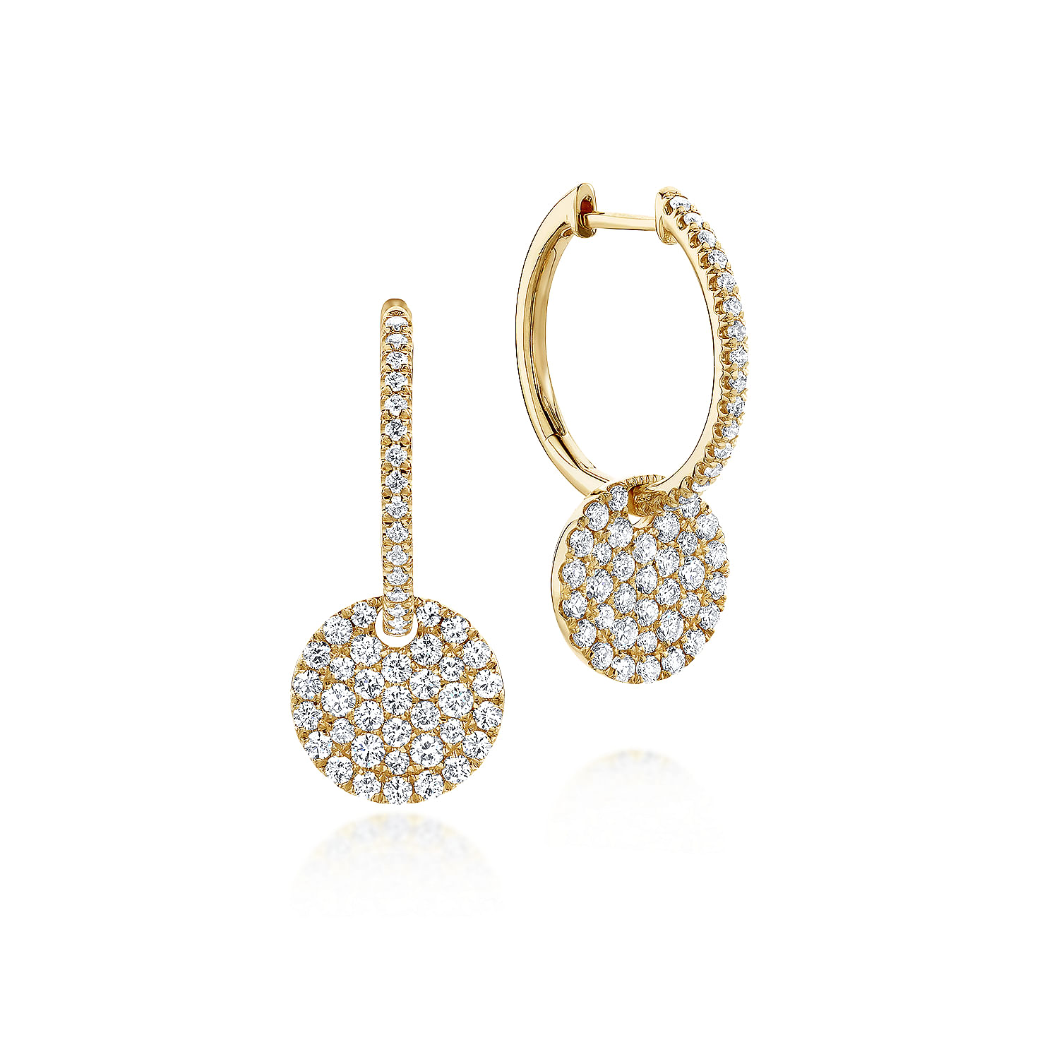 14K Yellow Gold Round Diamond Huggies with Cluster Disc Drops