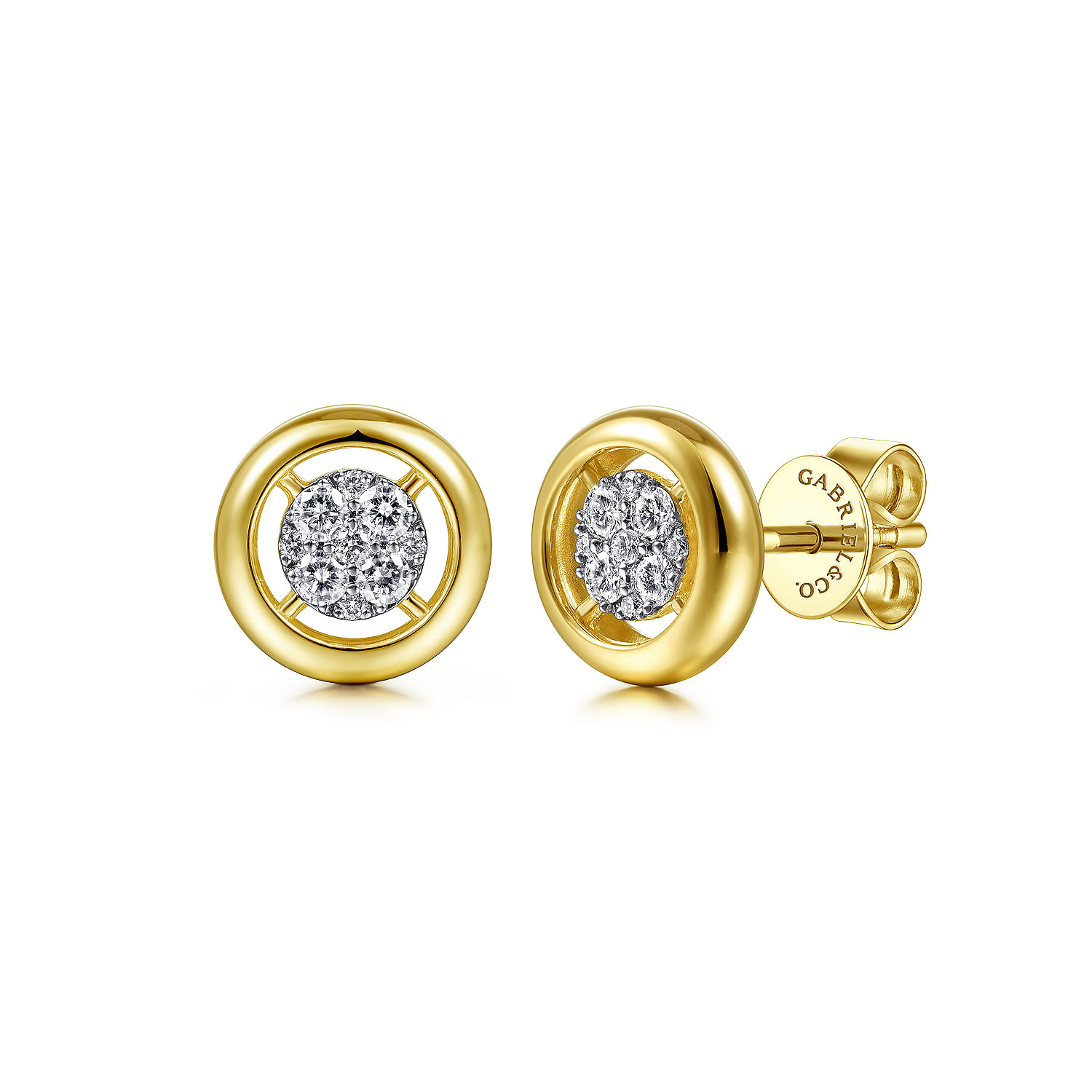 14K Yellow Gold Round Diamond Pavé Center Stud Earrings