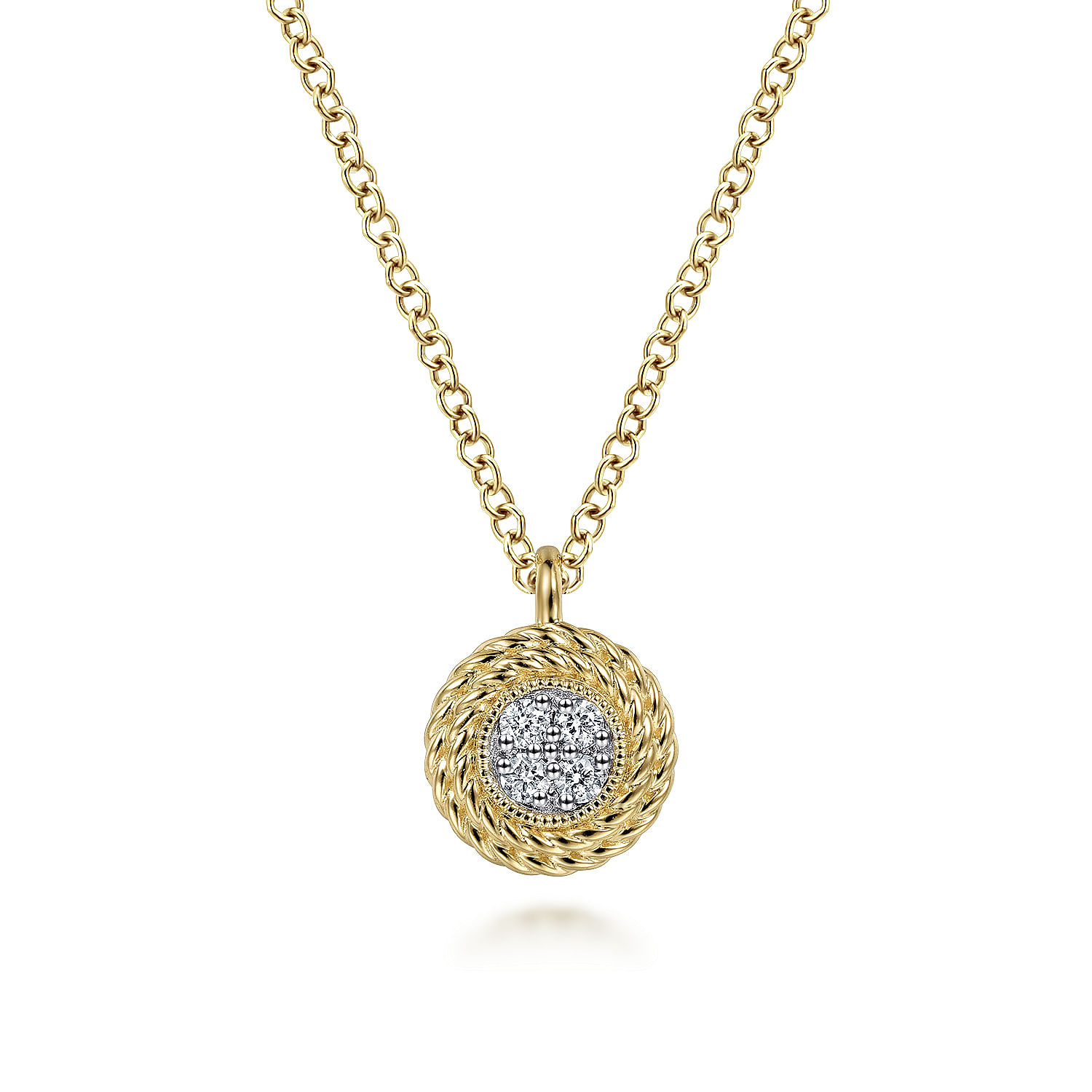Gabriel - 14K Yellow Gold Round Diamond Pavé Cluster Pendant Necklace with Twisted Rope Frame