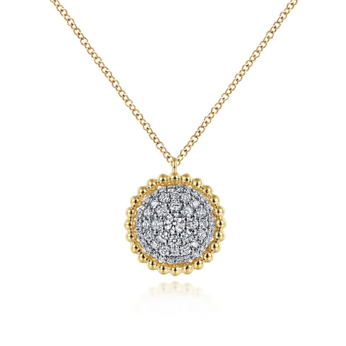 14K Yellow Gold Round Diamond Pavé Pendant Necklace with Bujukan Bead Frame