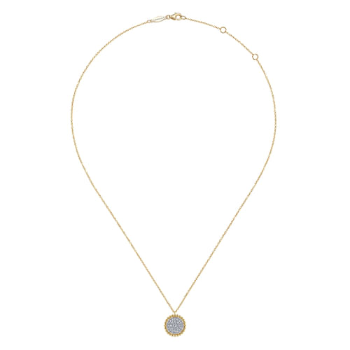 14K Yellow Gold Round Diamond Pavé Pendant Necklace with Bujukan Bead Frame