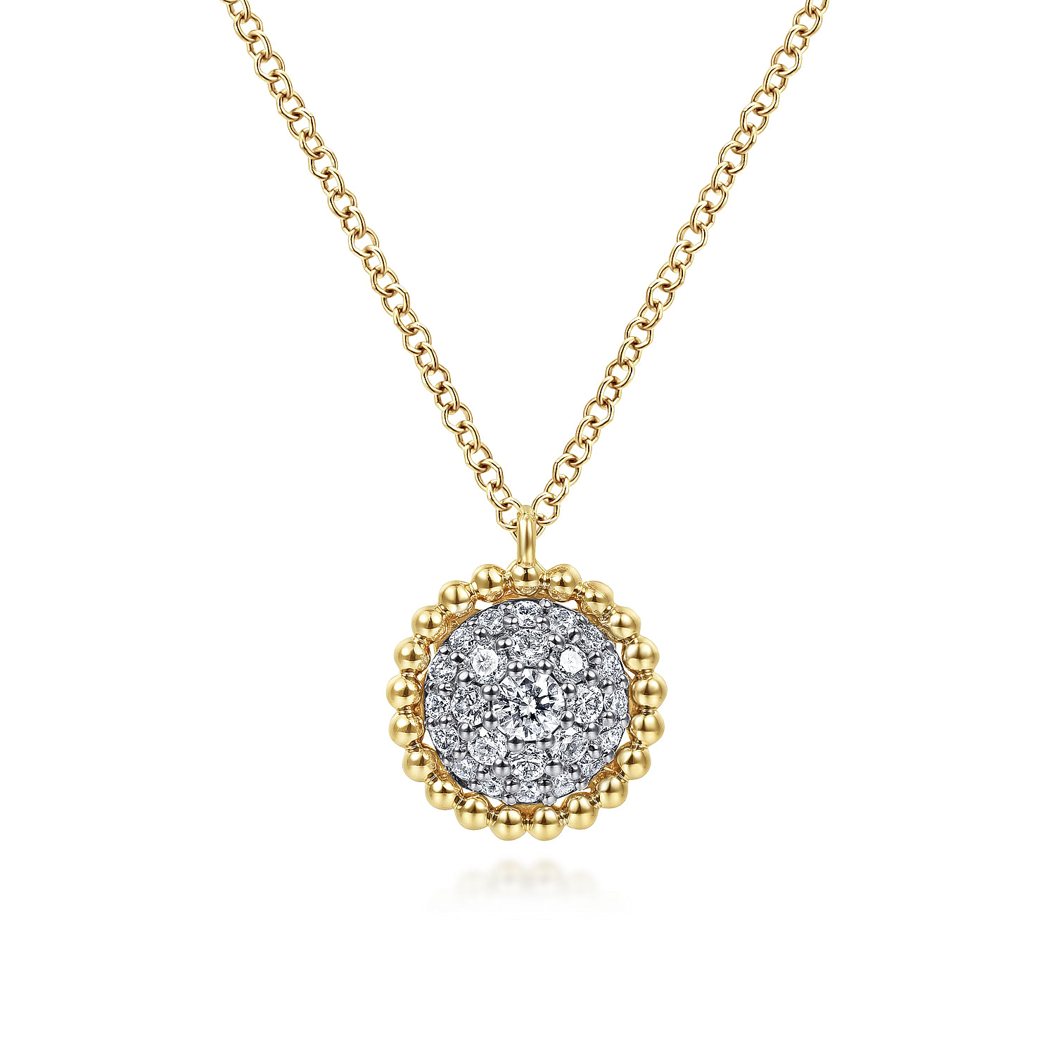 Gabriel - 14K Yellow Gold Round Diamond Pavé Pendant Necklace with Bujukan Bead Frame
