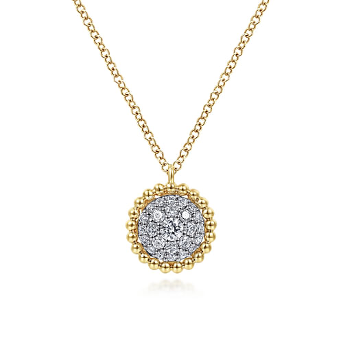 14K Yellow Gold Round Diamond Pavé Pendant Necklace with Bujukan Bead Frame