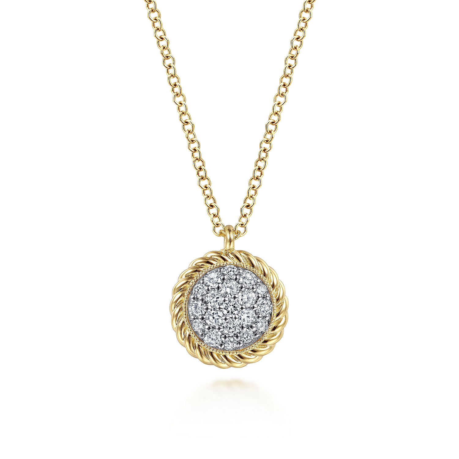 Gabriel - 14K Yellow Gold Round Diamond Pavé Pendant Necklace with Twisted Rope Frame