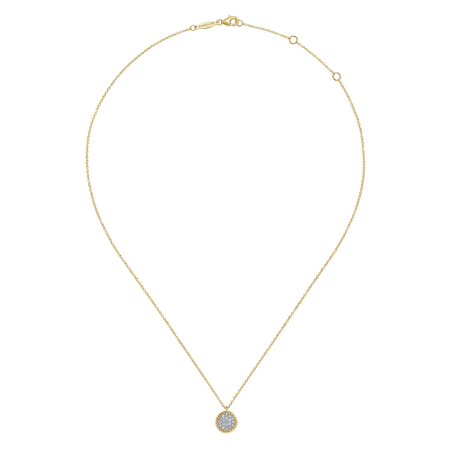 14K Yellow Gold Round Diamond Pavé Pendant Necklace with Twisted Rope Frame