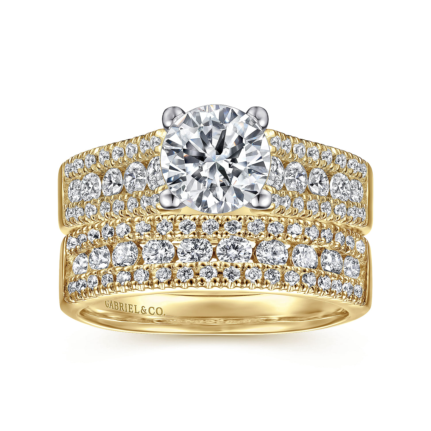 14K Yellow Gold Round Diamond Wide Band Channel Set Engagement Ring