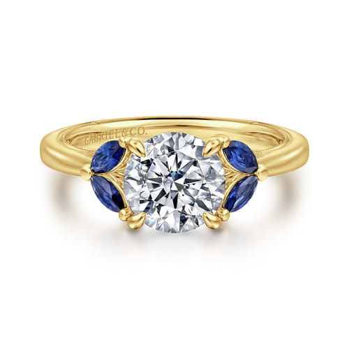 14K Yellow Gold Round Diamond and Sapphire Engagement Ring
