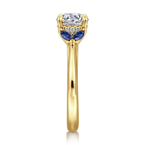 14K Yellow Gold Round Diamond and Sapphire Engagement Ring