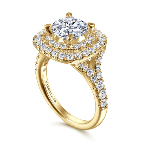 14K Yellow Gold Round Double Halo Diamond Engagement Ring