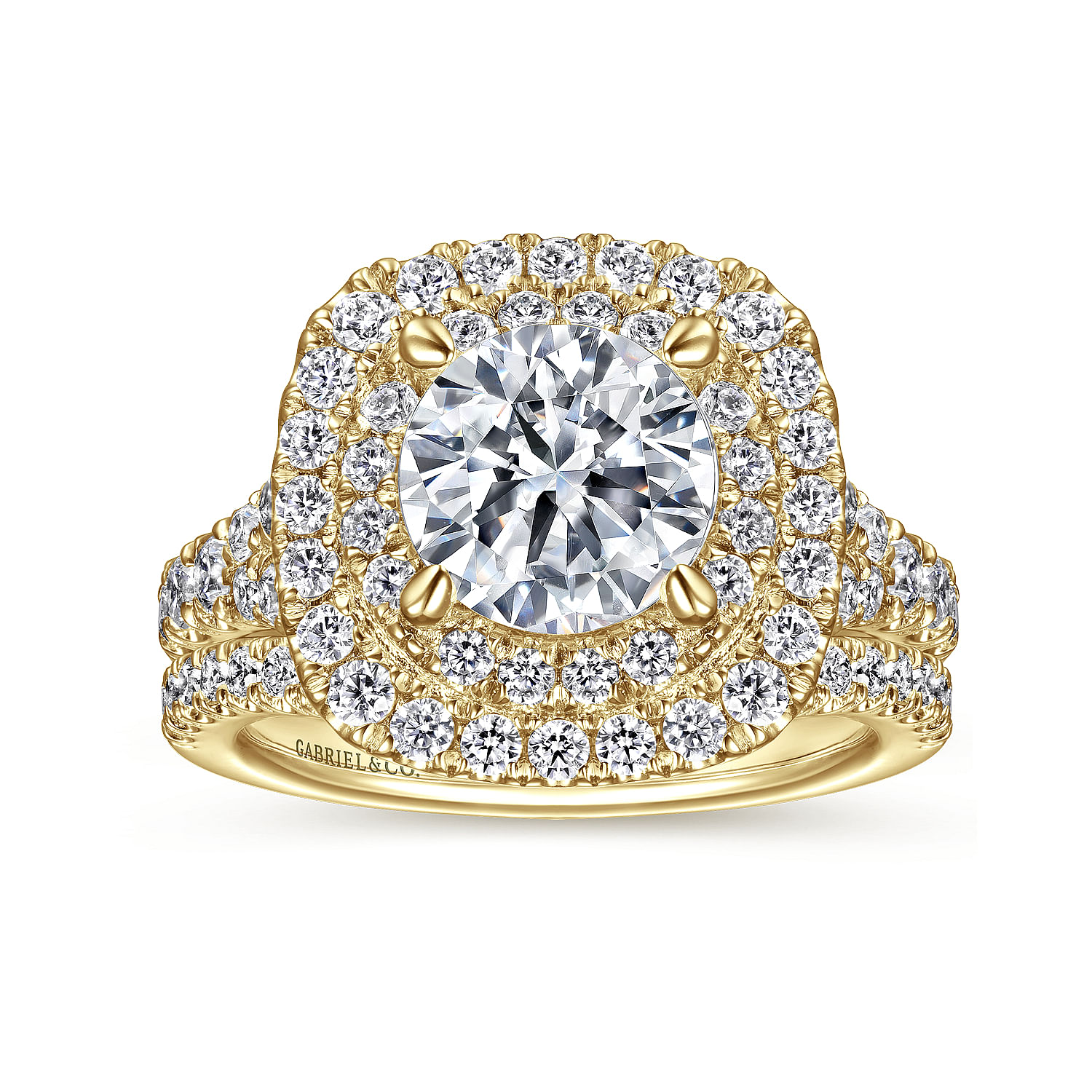 14K Yellow Gold Round Double Halo Diamond Engagement Ring