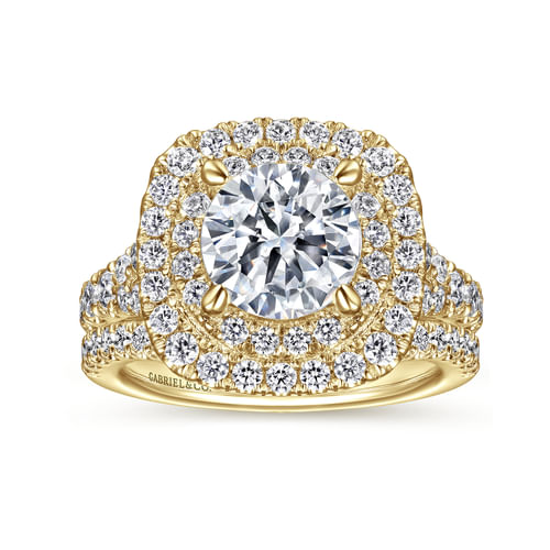 14K Yellow Gold Round Double Halo Diamond Engagement Ring