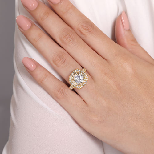 14K Yellow Gold Round Double Halo Diamond Engagement Ring