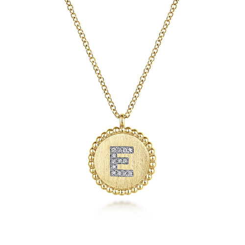 14K Yellow Gold Round E Initial Pendant Necklace with Diamonds