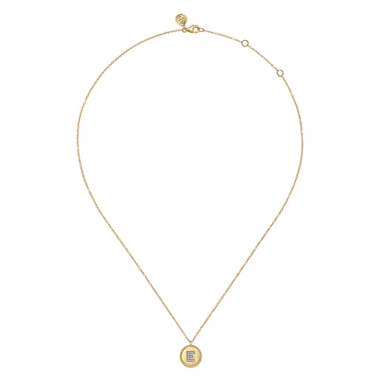 14K Yellow Gold Round E Initial Pendant Necklace with Diamonds angle 2