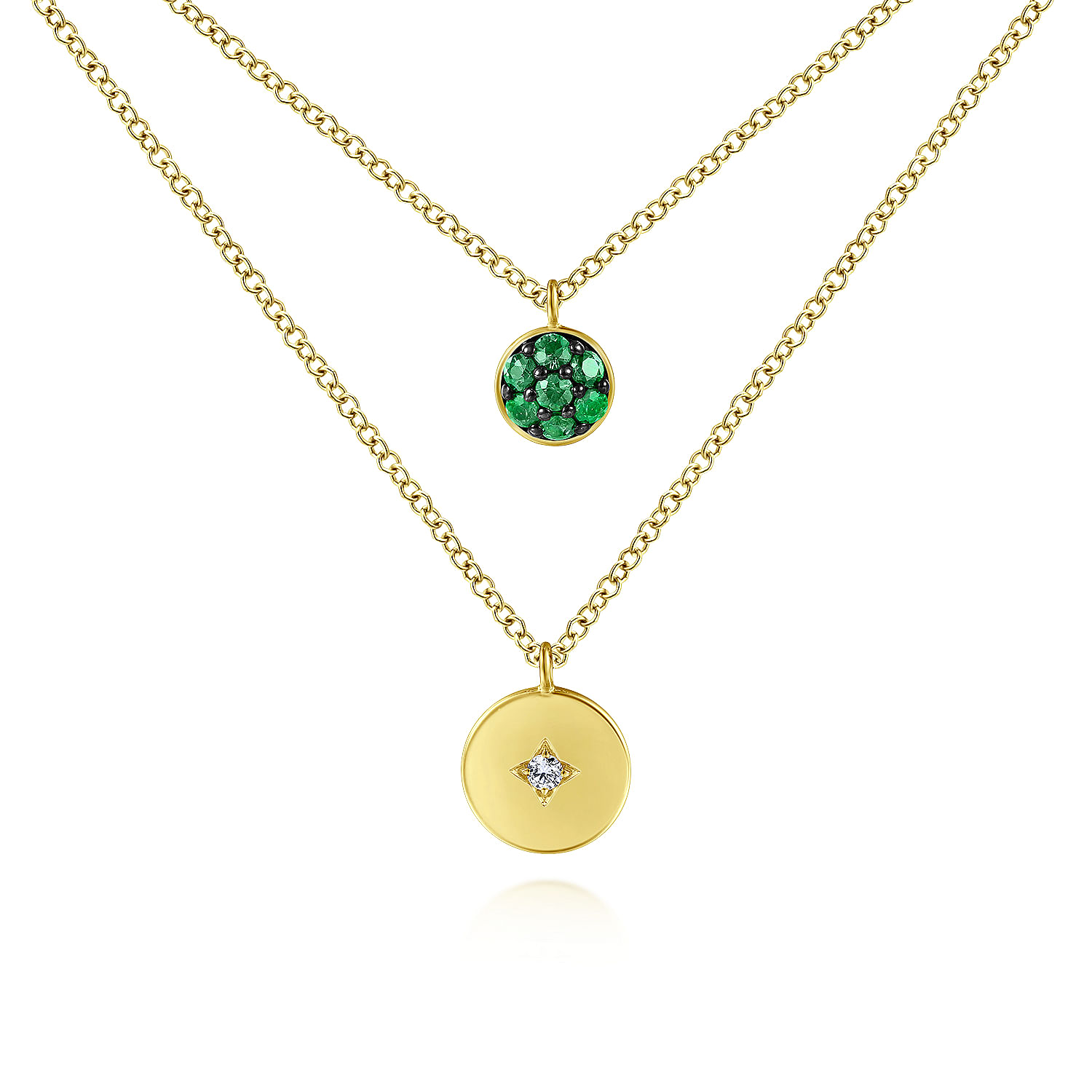 14K Yellow Gold Round Emerald Pavé and Diamond Disc Necklace