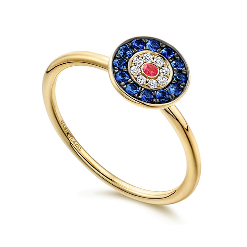 14K Yellow Gold Round Evil Eye Diamond, Sapphire and Ruby Ring