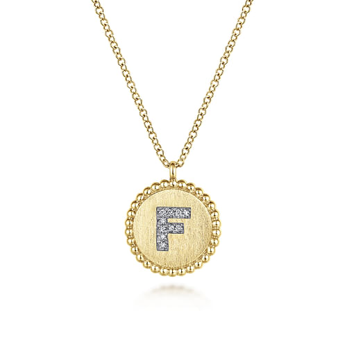 14K Yellow Gold Round F Initial Pendant Necklace with Diamonds