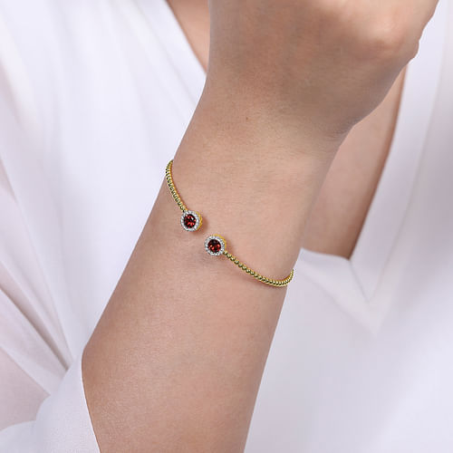 14K Yellow Gold Round Garnet and Diamond Halo Bujukan Bangle