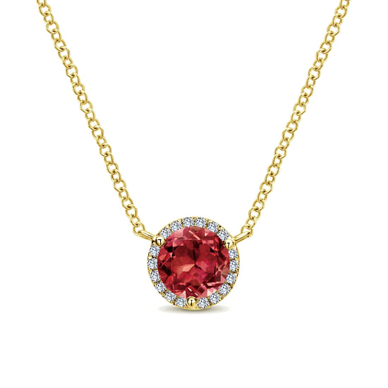 Gabriel - 14K Yellow Gold Round Garnet and Diamond Halo Pendant Necklace