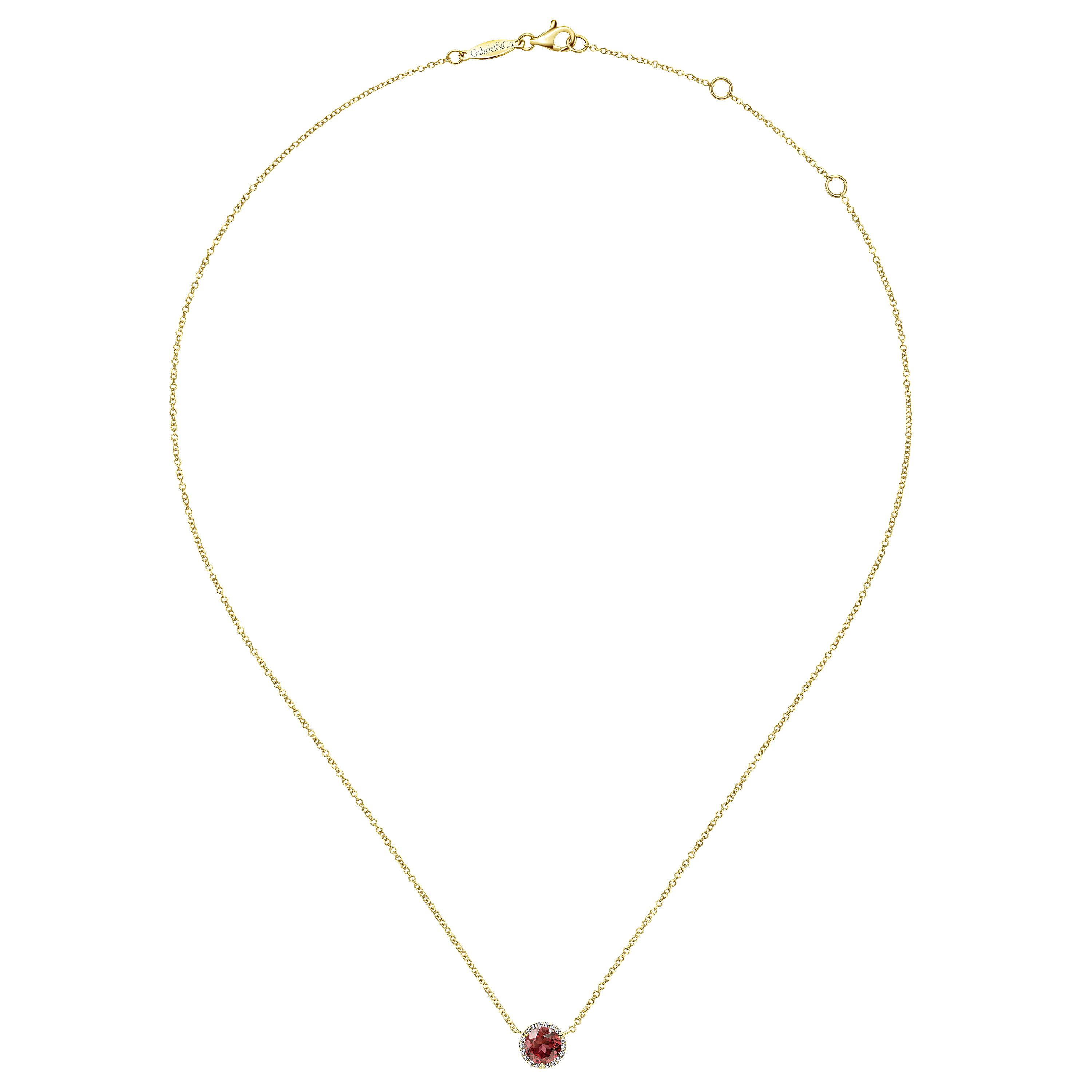14K Yellow Gold Round Garnet and Diamond Halo Pendant Necklace