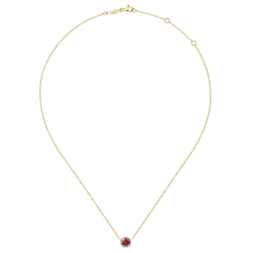 14K Yellow Gold Round Garnet and Diamond Halo Pendant Necklace