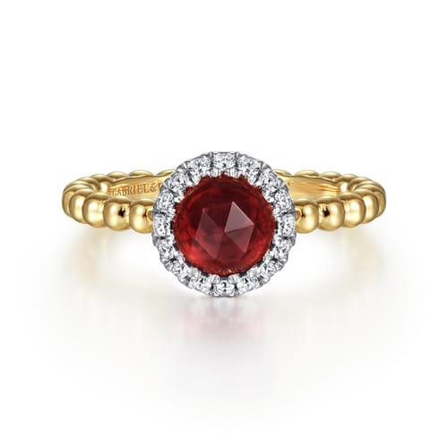 14K Yellow Gold Round Garnet with Diamond Halo Bujukan Promise Ring