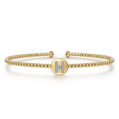 14K Yellow Gold Round H Initial Diamond Bujukan Cuff Bracelet