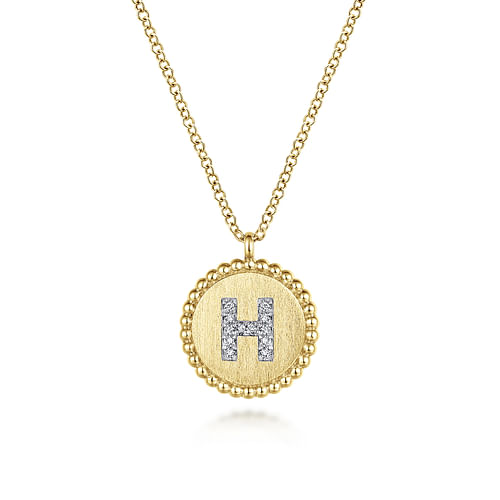 14K Yellow Gold Round H Initial Pendant Necklace with Diamonds