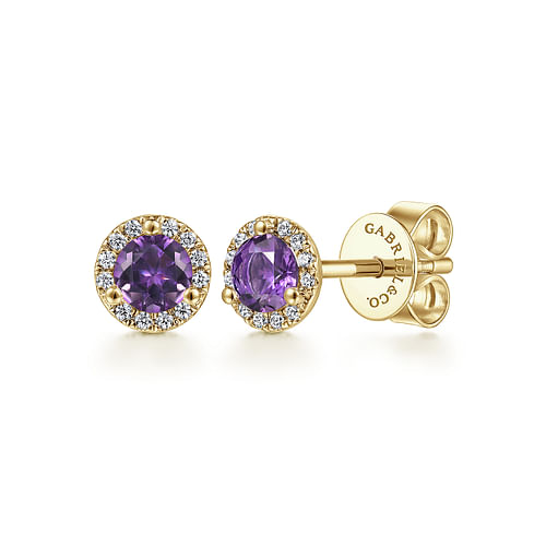 14K Yellow Gold Round Halo Amethyst and Diamond Stud Earrings