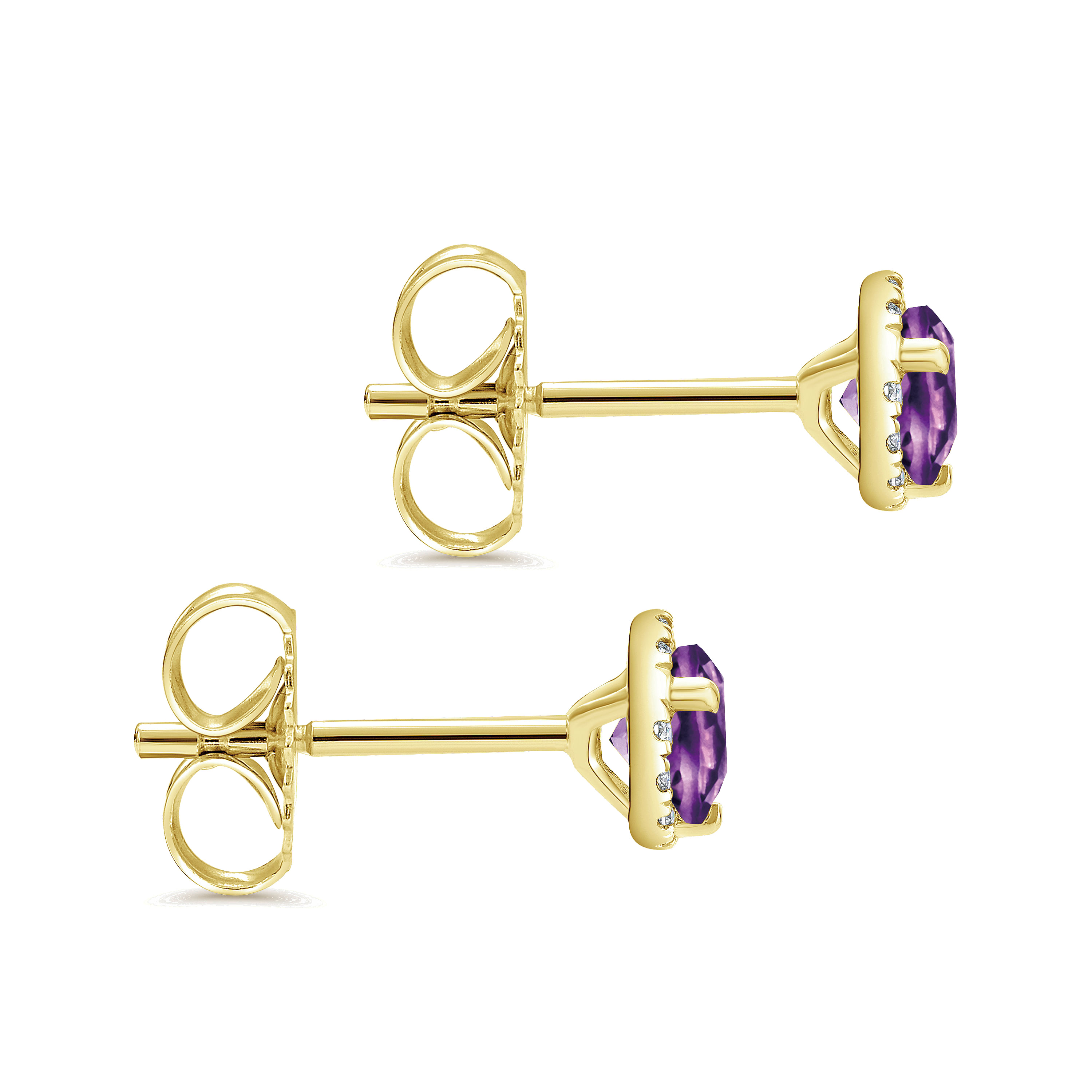 14K Yellow Gold Round Halo Amethyst and Diamond Stud Earrings