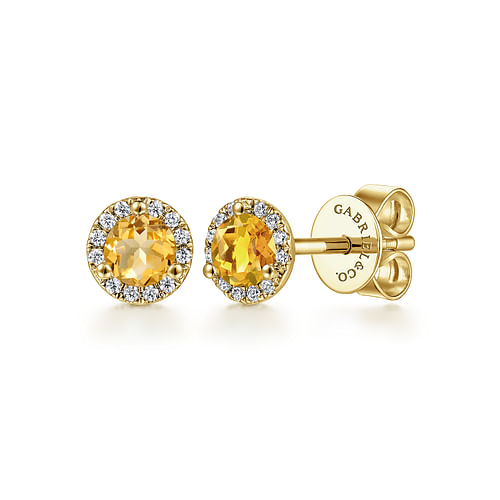 14K Yellow Gold Round Halo Citrine and Diamond Stud Earrings