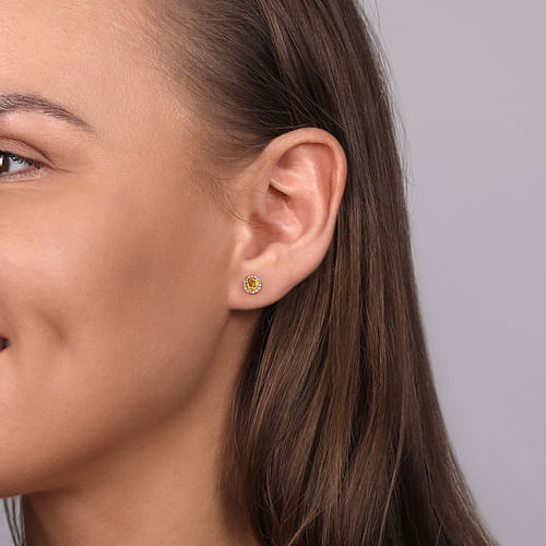 14K Yellow Gold Round Halo Citrine and Diamond Stud Earrings