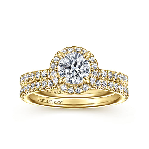 14K Yellow Gold Round Halo Diamond Engagement Ring