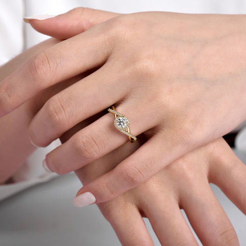 14K Yellow Gold Round Halo Diamond Engagement Ring