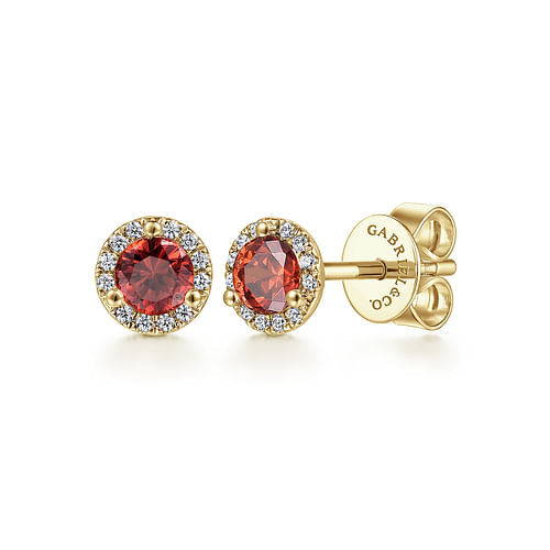 14K Yellow Gold Round Halo Garnet and Diamond Stud Earrings