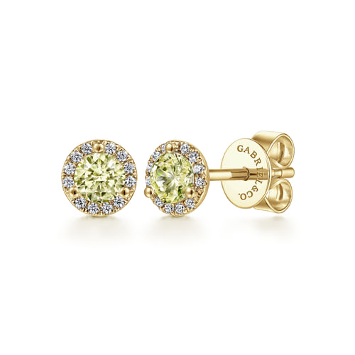 14K Yellow Gold Round Halo Lemon Quartz and Diamond Stud Earrings