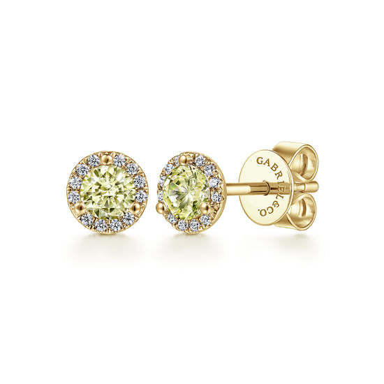 Gabriel - 14K Yellow Gold Round Halo Lemon Quartz and Diamond Stud Earrings