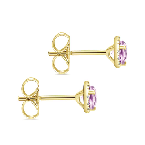 14K Yellow Gold Round Halo Pink Amethyst and Diamond Stud Earrings