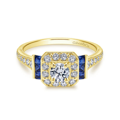 14K Yellow Gold Round Halo Sapphire and Diamond Channel Set Engagement Ring
