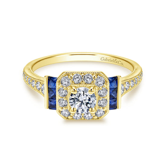Gabriel - 14K Yellow Gold Round Halo Sapphire and Diamond Channel Set Engagement Ring