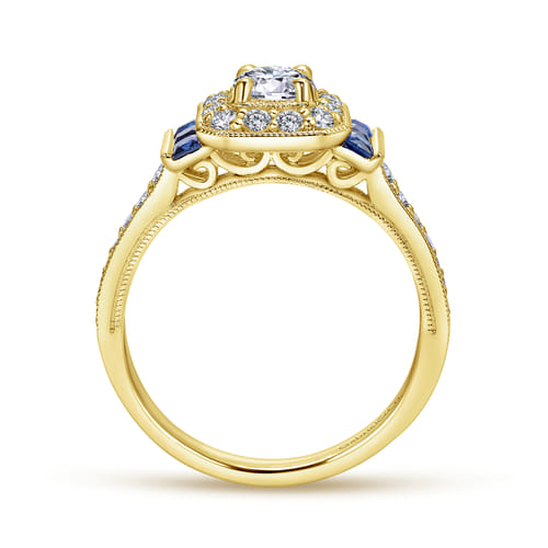 14K Yellow Gold Round Halo Sapphire and Diamond Channel Set Engagement Ring