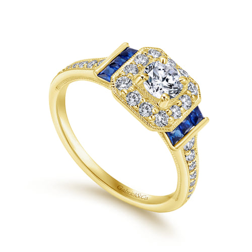 14K Yellow Gold Round Halo Sapphire and Diamond Channel Set Engagement Ring