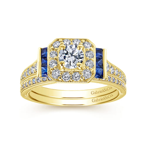 14K Yellow Gold Round Halo Sapphire and Diamond Channel Set Engagement Ring